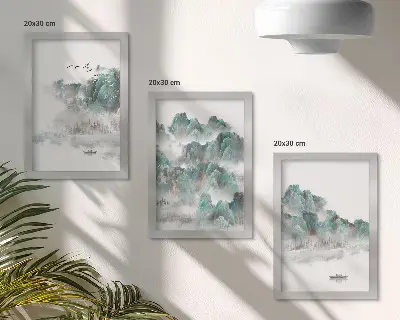 Set 3 tablouri cu peisaj montan în nori cu păsări și o barcă pe apă în stil japonez