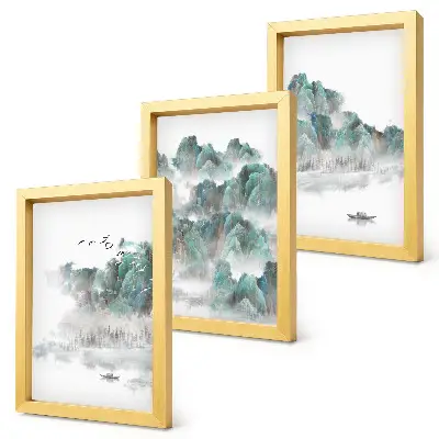 Set 3 tablouri cu peisaj montan în nori cu păsări și o barcă pe apă în stil japonez