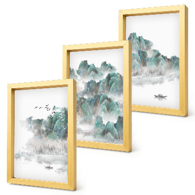 Set 3 tablouri Munți în nori cu păsări și o barcă pe apă, Japonia