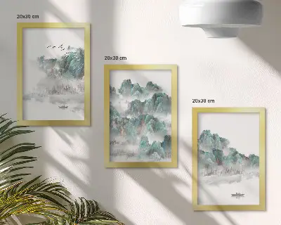 Set 3 tablouri cu peisaj montan în nori cu păsări și o barcă pe apă în stil japonez