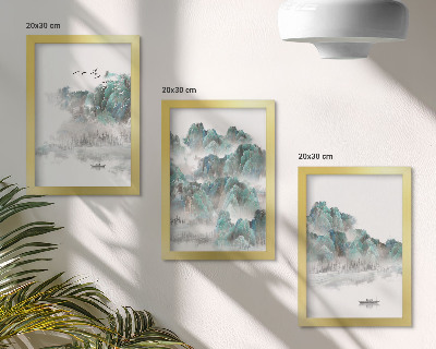 Set 3 tablouri Munți în nori cu păsări și o barcă pe apă, Japonia