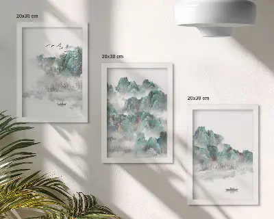Set 3 tablouri cu peisaj montan în nori cu păsări și o barcă pe apă în stil japonez