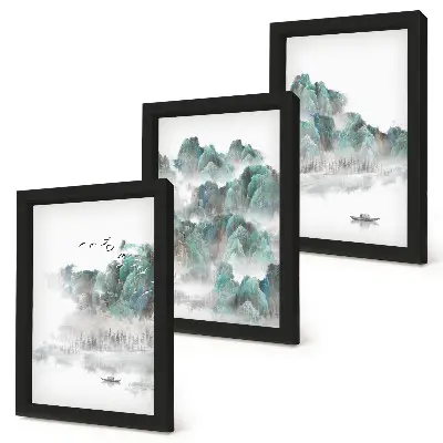 Set 3 tablouri cu peisaj montan în nori cu păsări și o barcă pe apă în stil japonez