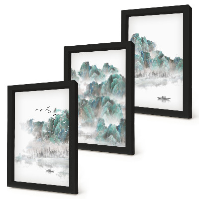 Set 3 tablouri Munți în nori cu păsări și o barcă pe apă, Japonia