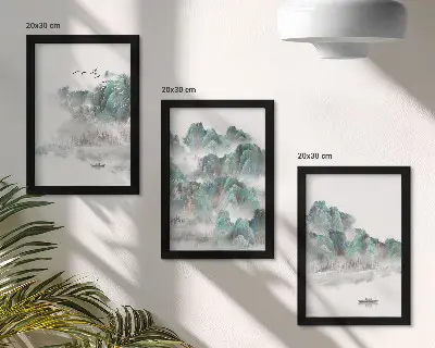 Set 3 tablouri cu peisaj montan în nori cu păsări și o barcă pe apă în stil japonez