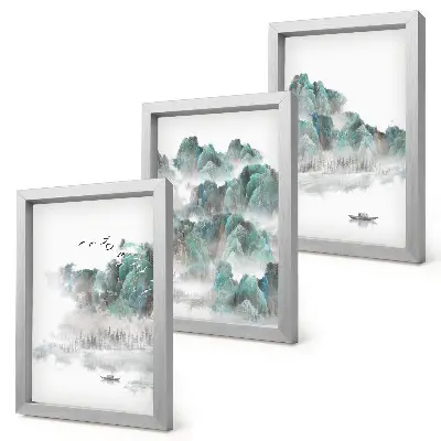 Set 3 tablouri cu peisaj montan în nori cu păsări și o barcă pe apă în stil japonez