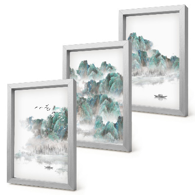 Set 3 tablouri Munți în nori cu păsări și o barcă pe apă, Japonia