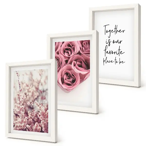 Set de 3 tablouri cu flori buchete de trandafiri cu inscripție decorativă