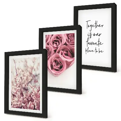 Set de 3 tablouri cu flori buchete de trandafiri cu inscripție decorativă