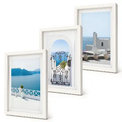 Galerie de perete vedere la mare cu clădiri albe din Grecia
