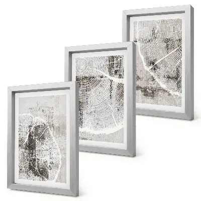 Set de 3 tablouri cu modele de fibră de lemn în nuanțe de gri și alb