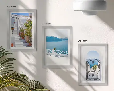 Set 3 tablouri cu scări albe, plante, vedere la mare și poartă