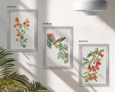 Set 3 tablouri cu flori în stil retro și o pasăre pe ramură