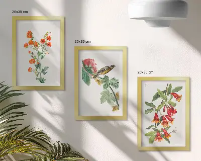 Set 3 tablouri cu flori în stil retro și o pasăre pe ramură