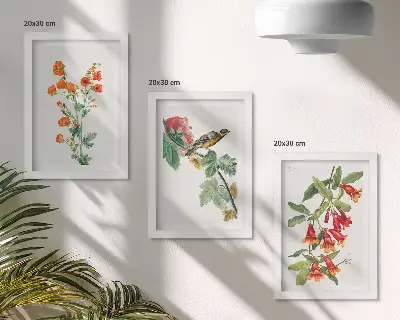 Set 3 tablouri cu flori în stil retro și o pasăre pe ramură
