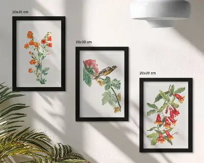 Set 3 tablouri cu flori în stil retro și o pasăre pe ramură