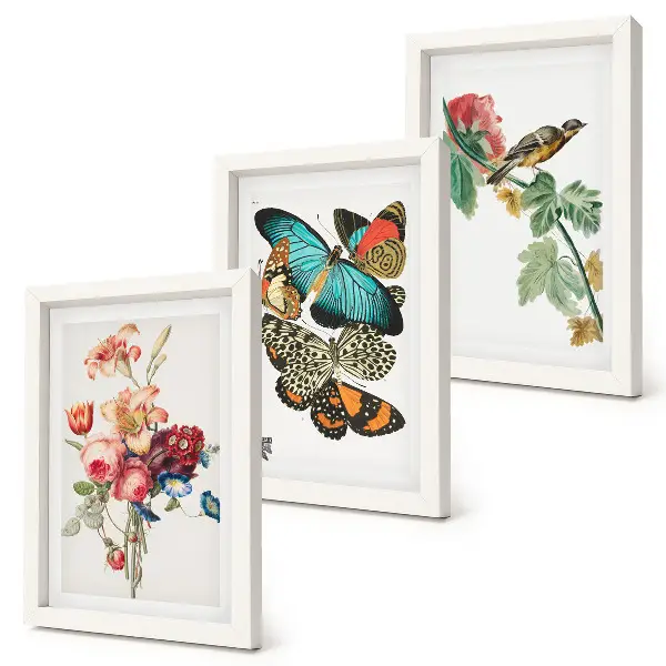 Galerie de perete cu flori, fluturi și o pasăre în nuanțe pastelate