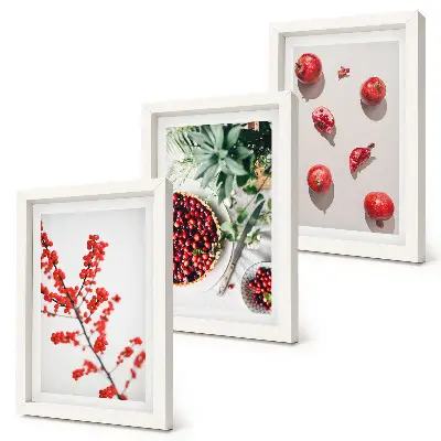 Set 3 tablouri cu fructe roșii și plante în stil minimalist