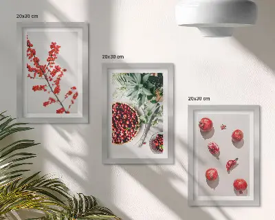 Set 3 tablouri cu fructe roșii și plante în stil minimalist