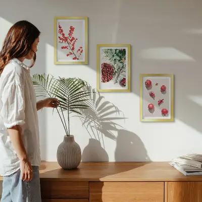 Set 3 tablouri cu fructe roșii și plante în stil minimalist