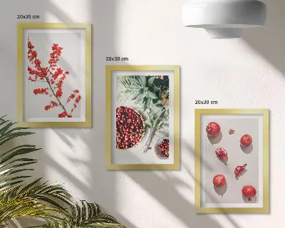 Set 3 tablouri cu fructe roșii și plante în stil minimalist