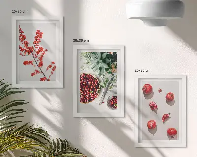 Set 3 tablouri cu fructe roșii și plante în stil minimalist