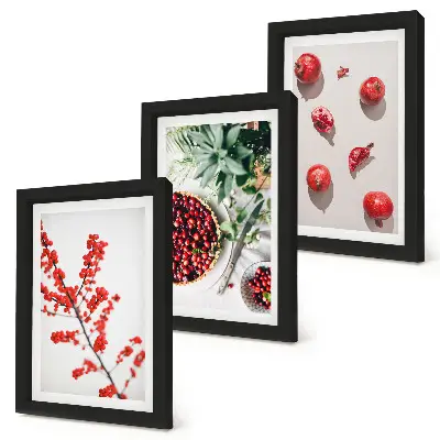 Set 3 tablouri cu fructe roșii și plante în stil minimalist