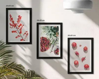 Set 3 tablouri cu fructe roșii și plante în stil minimalist