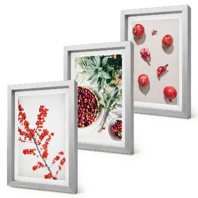 Set 3 tablouri cu fructe roșii și plante în stil minimalist