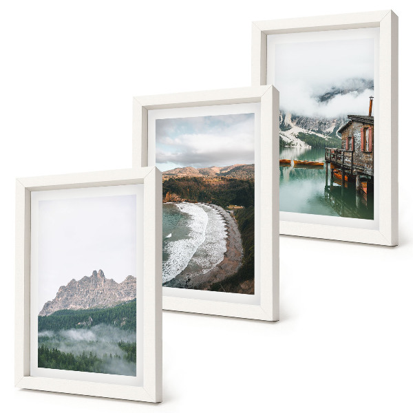 Set 3 tablouri Peisaje montane cu o plajă și o casă din lemn