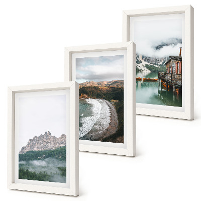 Set 3 tablouri Peisaje montane cu o plajă și o casă din lemn