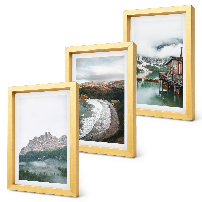 Set 3 tablouri Peisaje montane cu o plajă și o casă din lemn