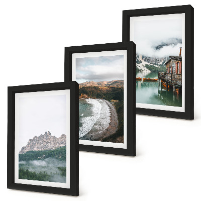Set 3 tablouri Peisaje montane cu o plajă și o casă din lemn