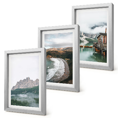 Set 3 tablouri Peisaje montane cu o plajă și o casă din lemn