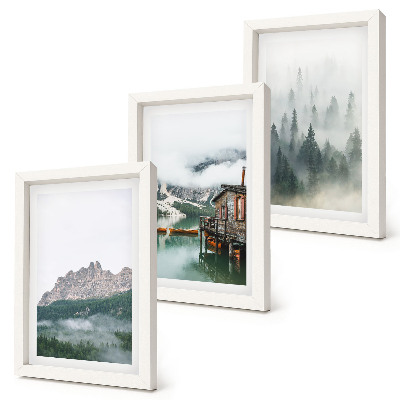 Galerie de perete Munți, lac, cabană și ceață în pădure