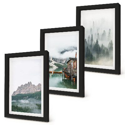 Galerie de perete Munți, lac, cabană și ceață în pădure