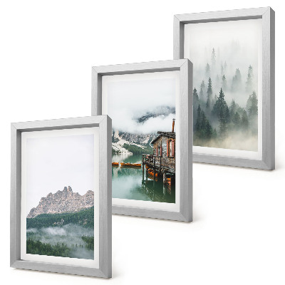 Galerie de perete Munți, lac, cabană și ceață în pădure