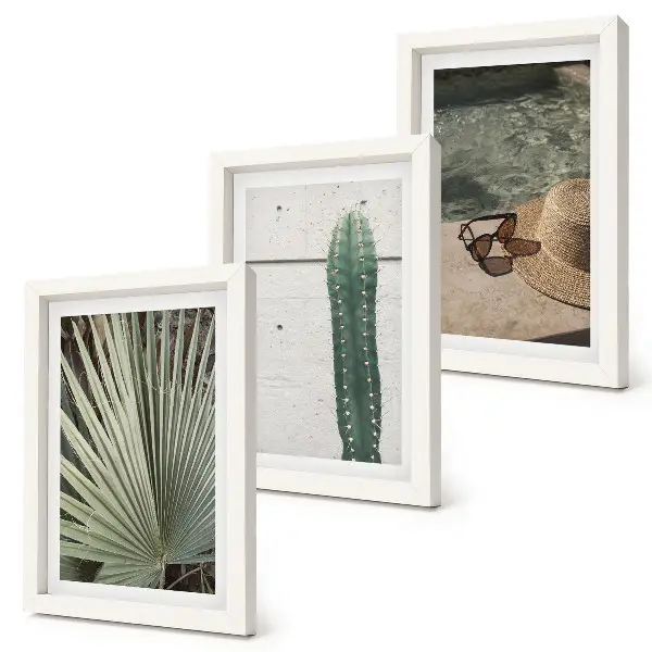Set 3 tablouri cu plante tropicale și accesorii de vacanță pe malul apei