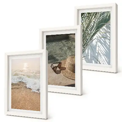 Set 3 tablouri cu pălărie de plajă, apă și ochelari de soare cu frunze