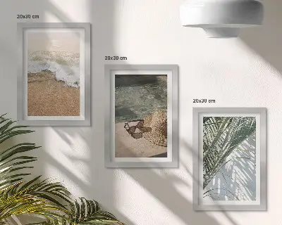 Set 3 tablouri cu pălărie de plajă, apă și ochelari de soare cu frunze