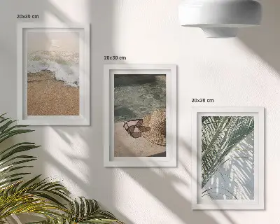 Set 3 tablouri cu pălărie de plajă, apă și ochelari de soare cu frunze