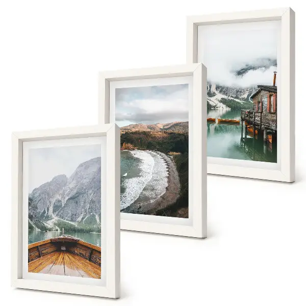 Galerie de perete cu vedere la munți, lac, barcă și peisaj de plajă
