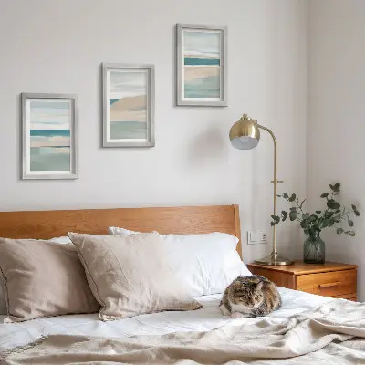 Set 3 tablouri cu peisaje abstracte în nuanțe de albastru și bej