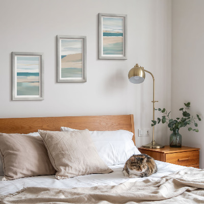 Set 3 tablouri Peisaje abstracte în nuanțe de albastru și bej