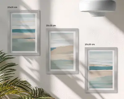 Set 3 tablouri cu peisaje abstracte în nuanțe de albastru și bej