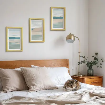 Set 3 tablouri cu peisaje abstracte în nuanțe de albastru și bej