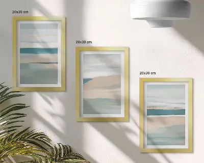 Set 3 tablouri cu peisaje abstracte în nuanțe de albastru și bej