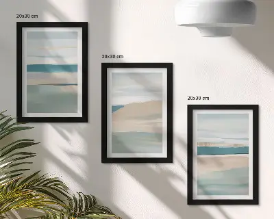 Set 3 tablouri cu peisaje abstracte în nuanțe de albastru și bej