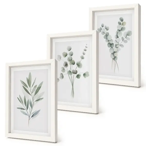 Set de 3 tablouri cu modele de plante în nuanțe de verde și gri