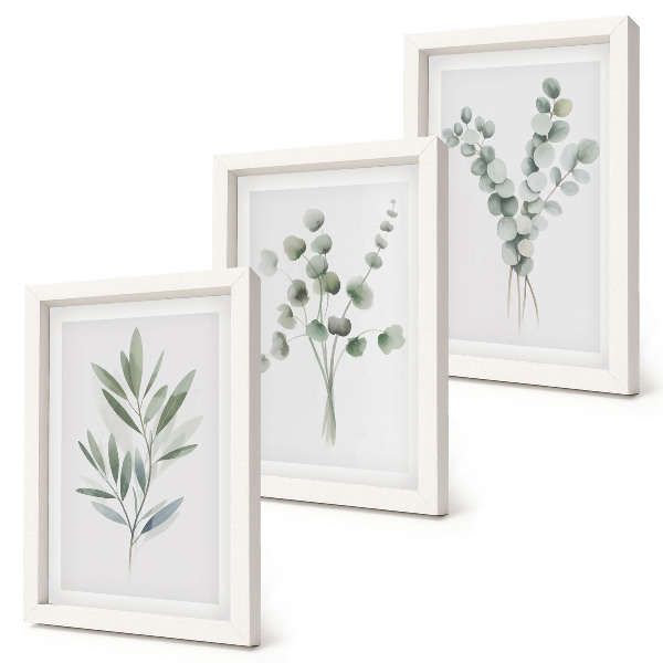 Set 3 tablouri Modele de plante în nuanțe de verde și gri